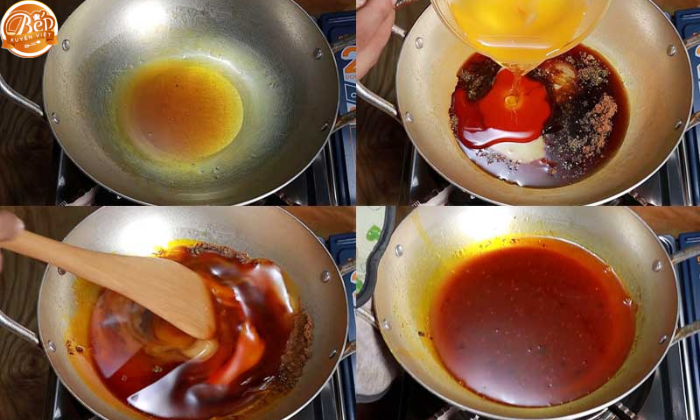 Đặt chảo lên bếp cho các loại gia vị vào để làm nước sốt